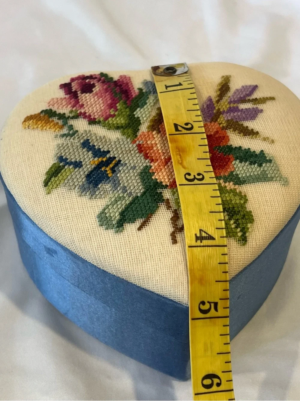 Vintage Heart Floral Needlepoint Jewelry Box Blue Satin